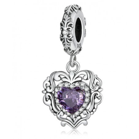 Charm bijou pour bracelet coeur fleurs pierre violette argent