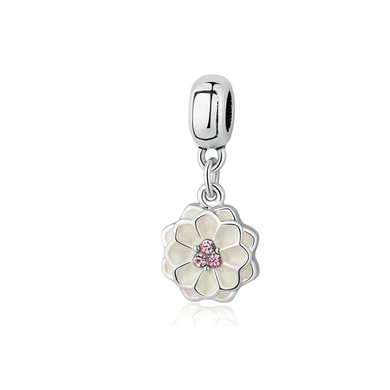 Charm bijou pour bracelet fleur blanche centre pierre rose
