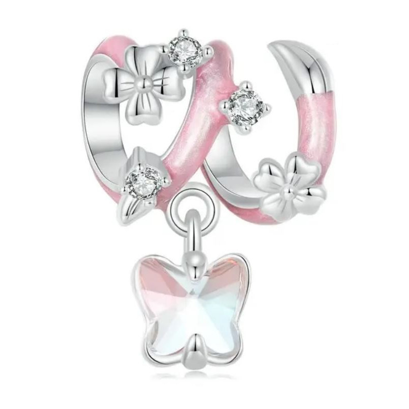 Charm bijou pour bracelet spirale de fleurs rose papillon