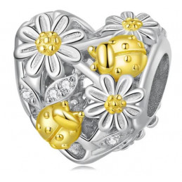 Charm pour bracelet coeur fleur jaune coccinelle