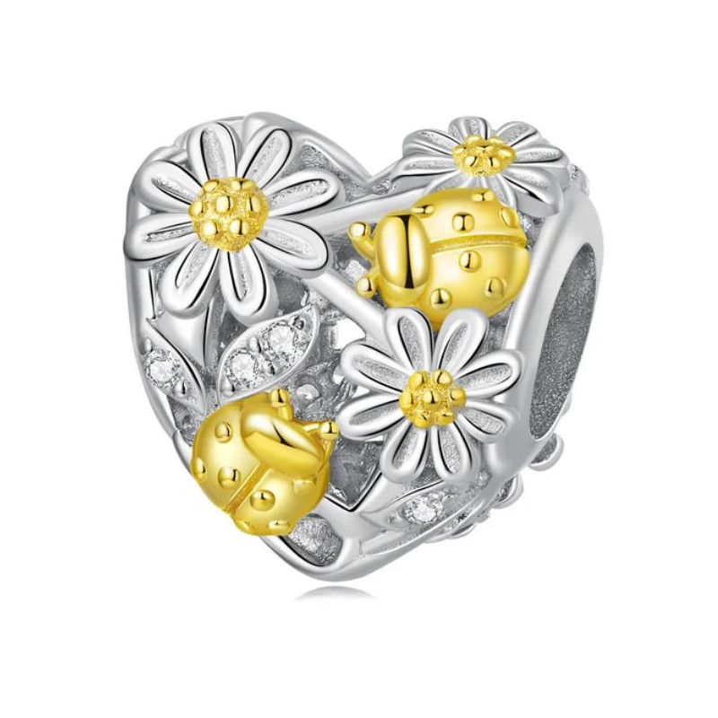 Charm pour bracelet coeur fleur jaune coccinelle