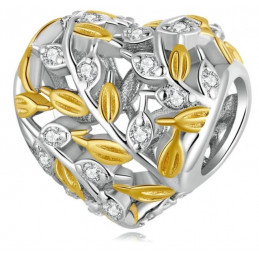 Charm pour bracelet coeur feuille d'or strass