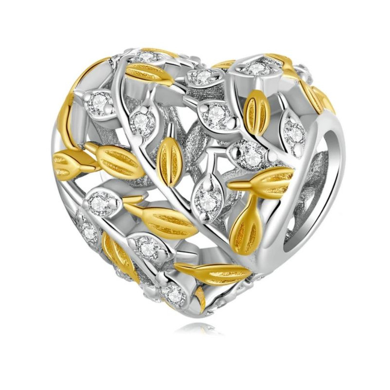 Charm pour bracelet coeur feuille d'or strass Charm pour bracelet coeur feuille d'or strass