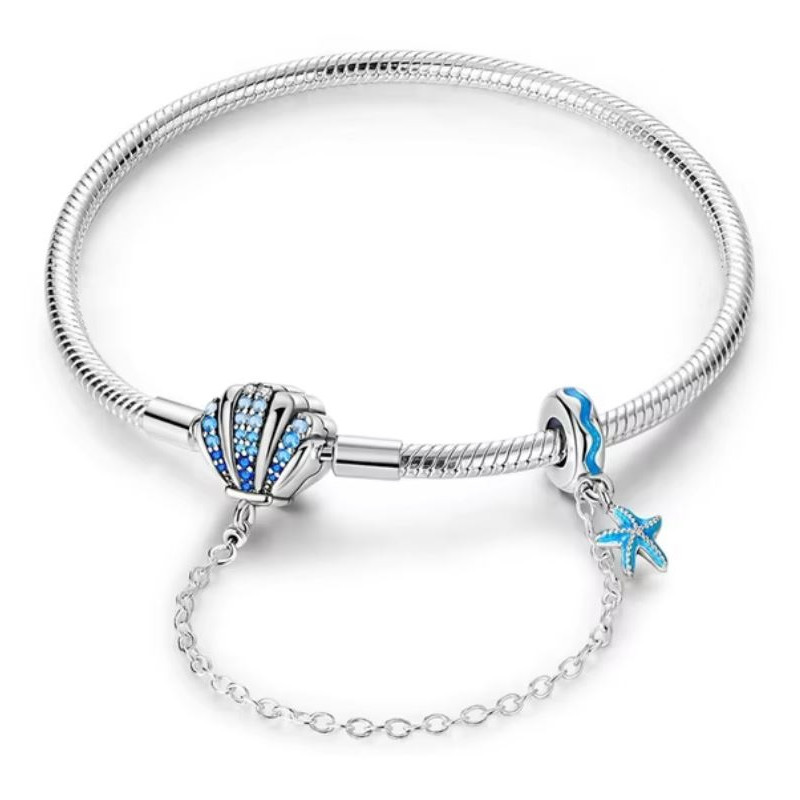 bracelet coquillage mer strass turquoise avec chaine de sécurité pour charm