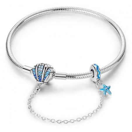 bracelet coquillage mer strass turquoise avec chaine de sécurité pour charm