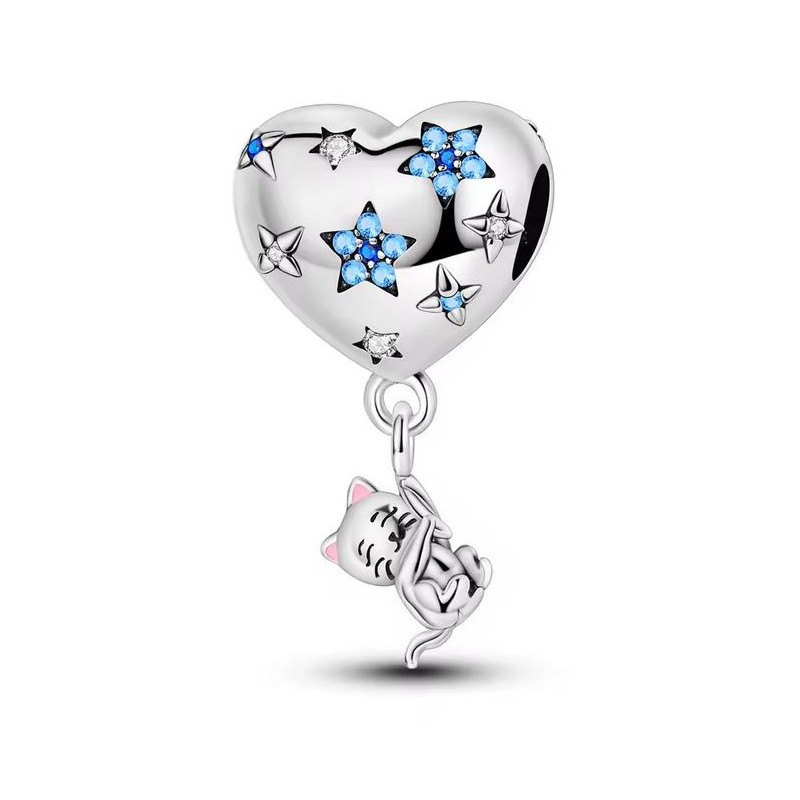 Charm pour bracelet chat accroché au coeur étoile