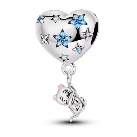 Charm pour bracelet chat accroché au coeur étoile