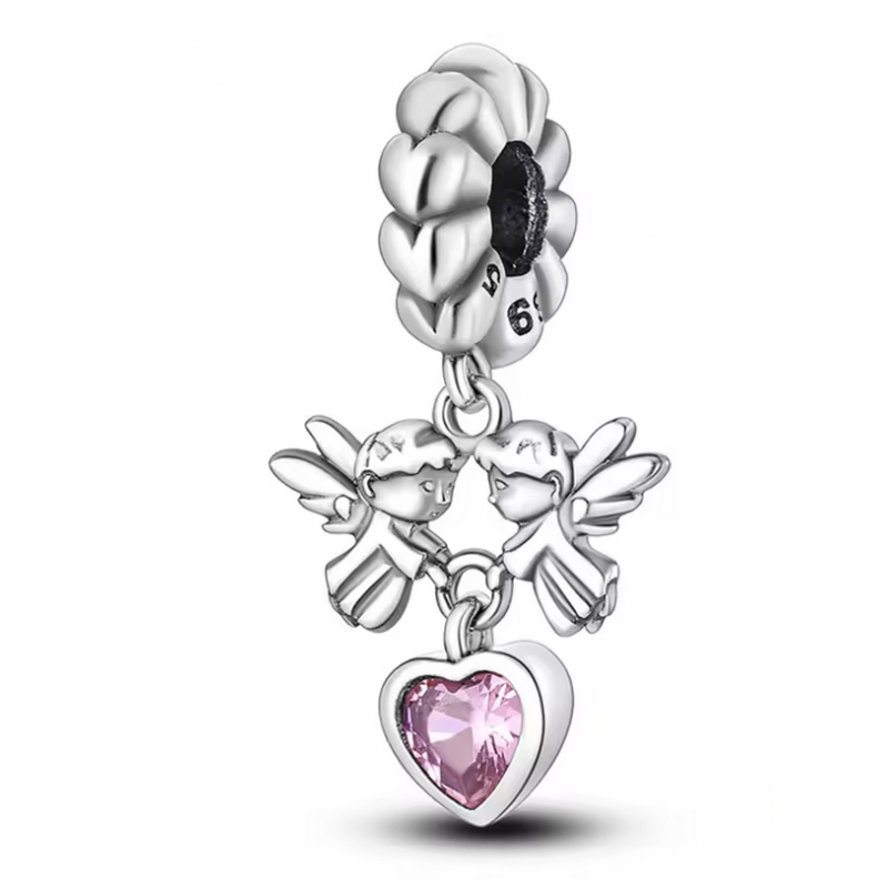 Charm pour bracelet deux anges portent un coeur rose Charm pour bracelet deux anges portent un coeur rose
