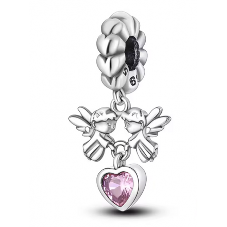 Charm pour bracelet deux anges portent un coeur rose