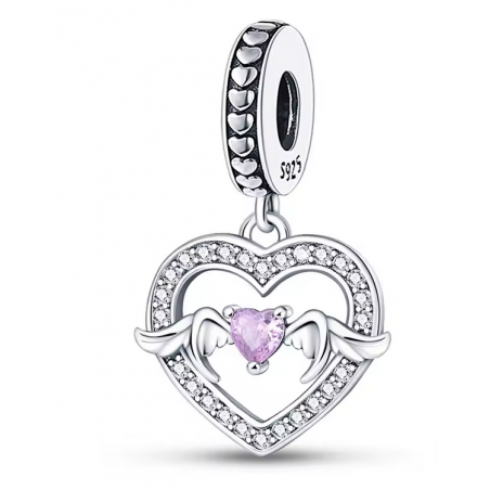 Charm pour bracelet coeur rose ailes d'ange