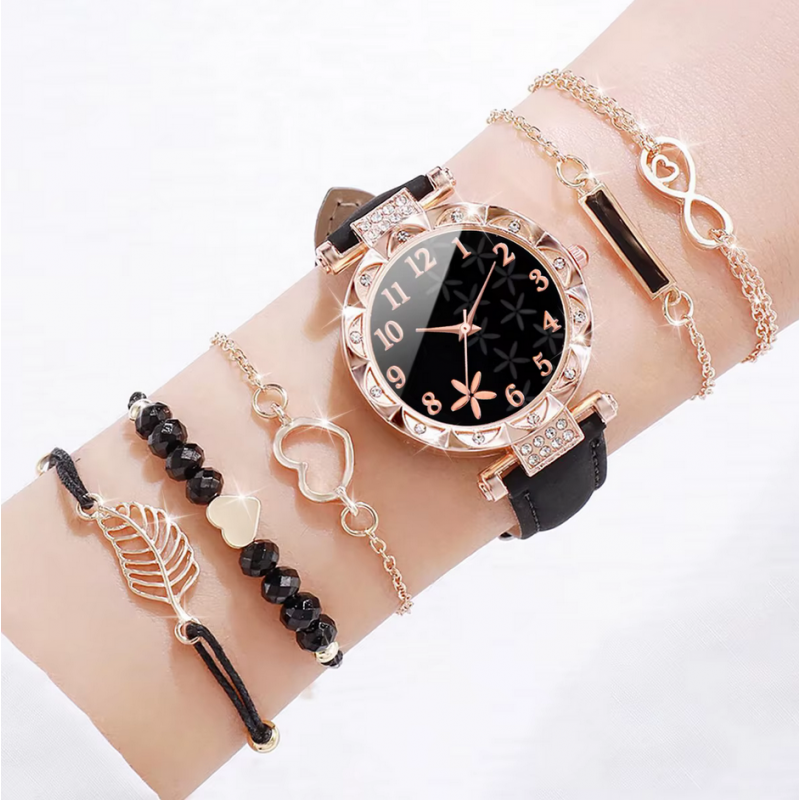 Montre femme noir or rose fleur rose avec bracelets Montre femme noir or rose fleur rose avec bracelets