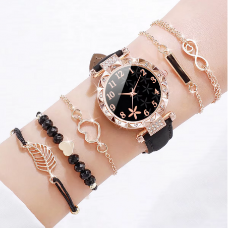 Montre femme noir or rose fleur rose avec bracelets