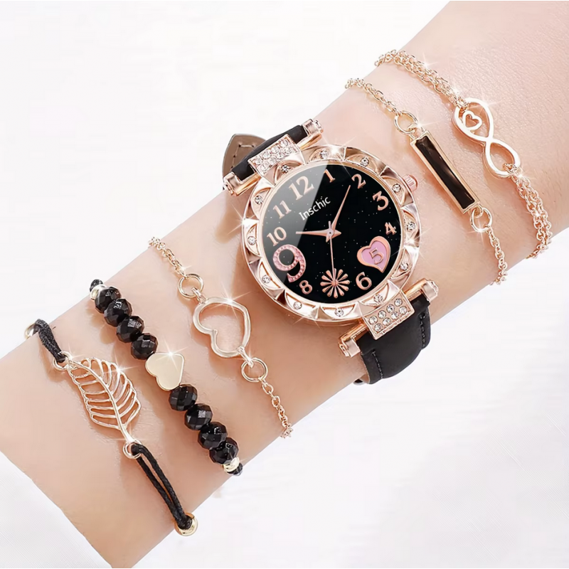 Montre femme noir or rose coeur rose avec bracelets Montre femme noir or rose coeur rose avec bracelets