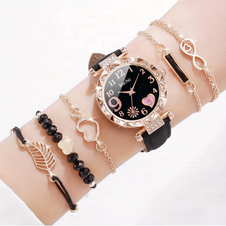 Montre femme noir or rose coeur rose avec bracelets
