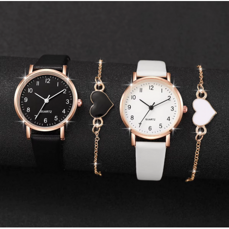 lot de deux montres femme noir et blanc avec bracelets coeur