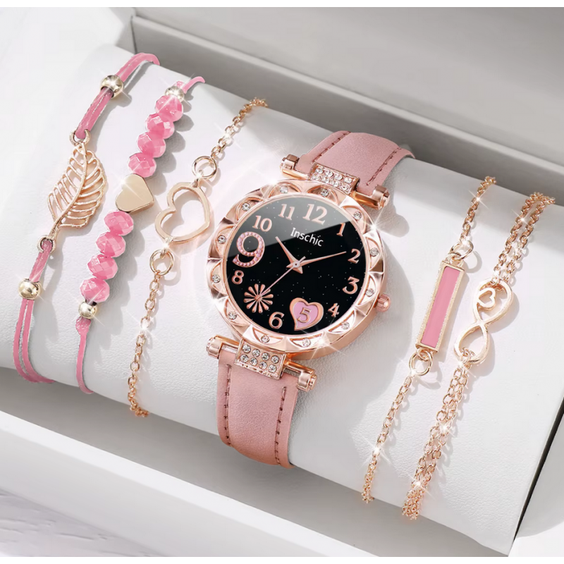Montre femme rose or rose coeur rose avec bracelets Montre femme rose or rose coeur rose avec bracelets