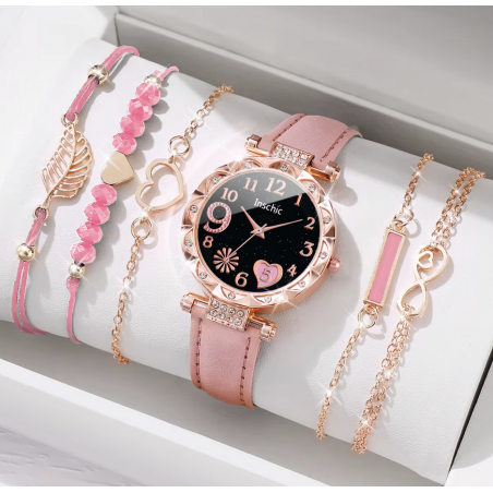 Montre femme rose or rose coeur rose avec bracelets
