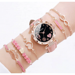 Montre femme rose or rose coeur rose avec bracelets
