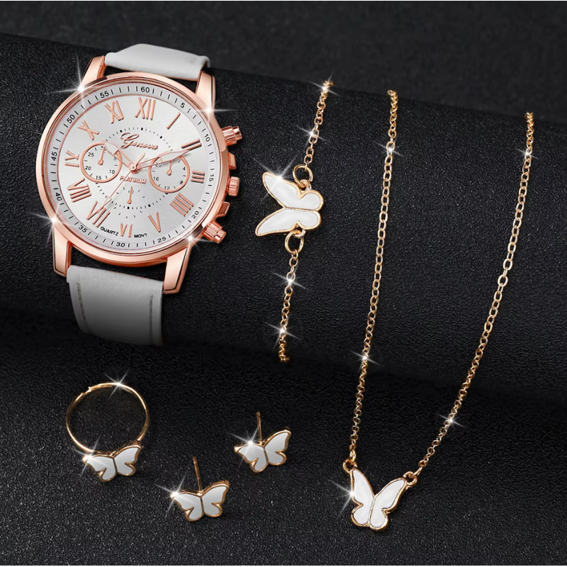Montre femme blanche or rose parrure thème papillon Montre femme blanche or rose parrure thème papillon