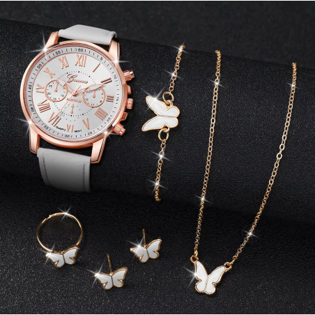 Montre femme blanche or rose parrure thème papillon