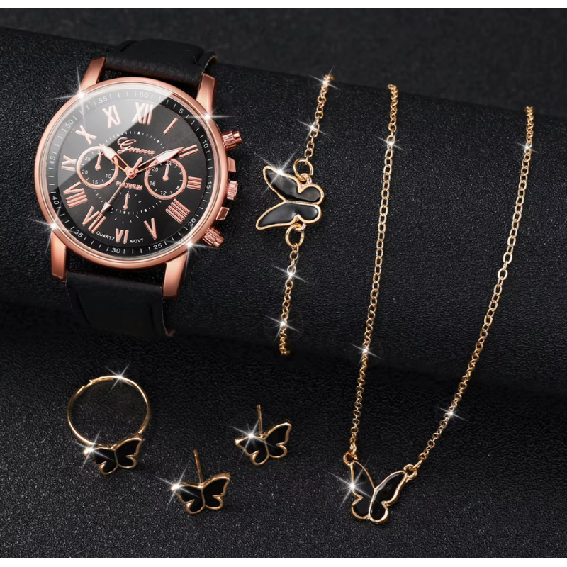 Montre femme noire or rose parrure thème papillon Montre femme noire or rose parrure thème papillon