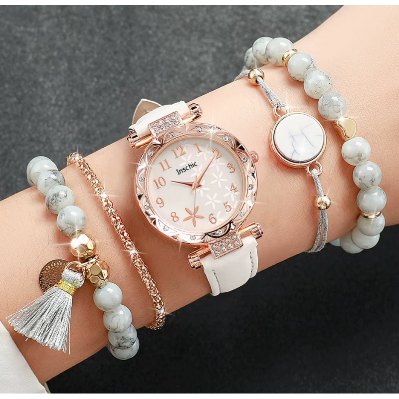 Montre femme blanche or rose avec bracelet perle Montre femme blanche or rose avec bracelet perle