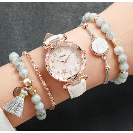 Montre femme blanche or rose avec bracelet perle