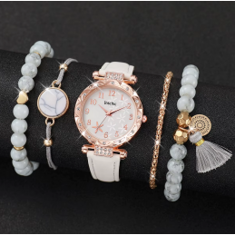 Montre femme blanche or rose avec bracelet perle