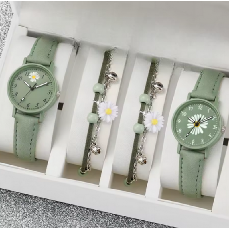 Deux montres femme verte fleur marguerite avec bracelet