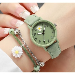 Deux montres femme verte fleur marguerite avec bracelet