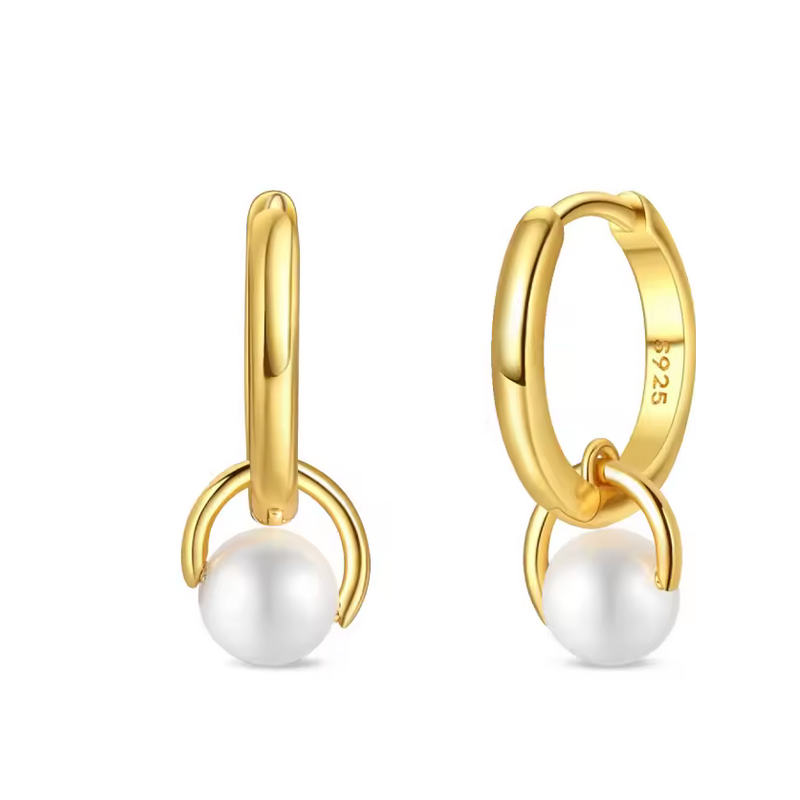 boucles d'oreilles or double boucle perle blanche boucles d'oreilles or double boucle perle blanche