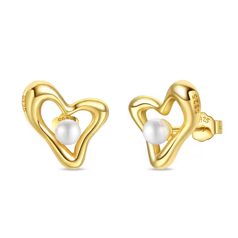 boucles d'oreilles perle dans coeur en courbe or boucles d'oreilles perle dans coeur en courbe or