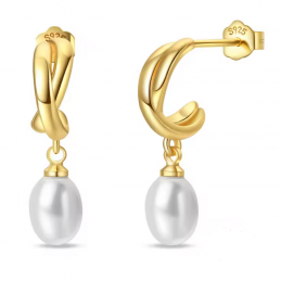 boucles d'oreilles double courbe perle blanche pendente