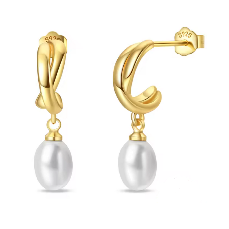 boucles d'oreilles double courbe perle blanche pendente boucles d'oreilles double courbe perle blanche pendente