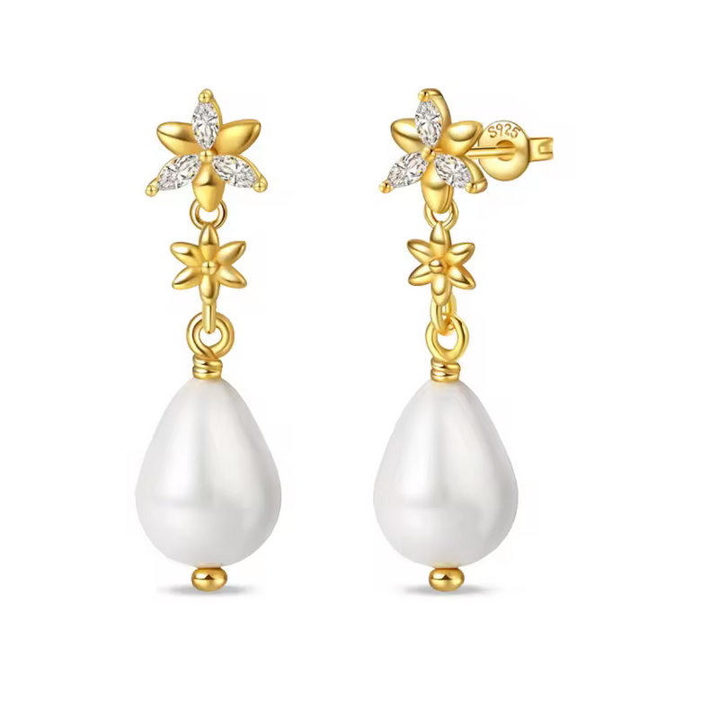 boucles d'oreilles or perle et fleurs ornées boucles d'oreilles or perle et fleurs ornées