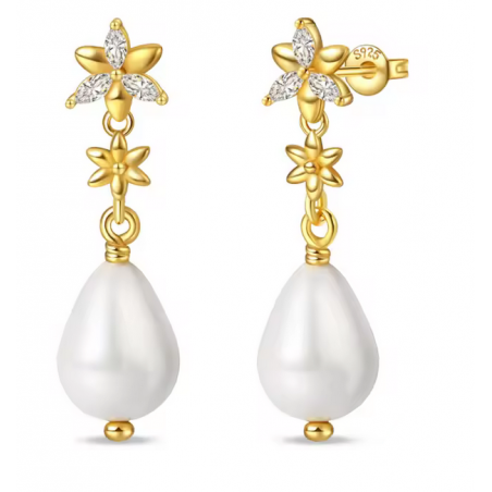 boucles d'oreilles or perle et fleurs ornées
