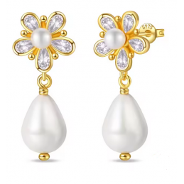 boucles d'oreilles or perle et grande fleur diamant