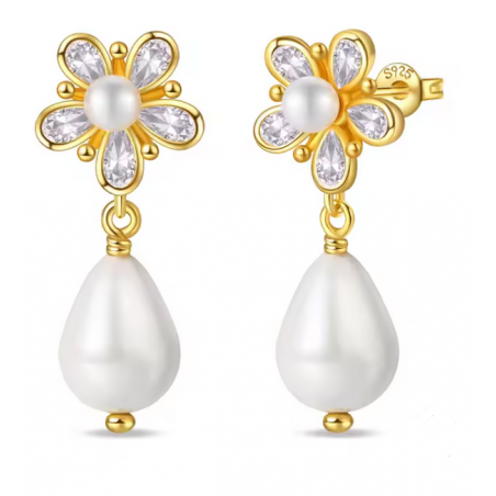 boucles d'oreilles or perle et grande fleur diamant