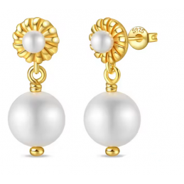 boucles d'oreilles or grosse perle et petite perle sur fleur