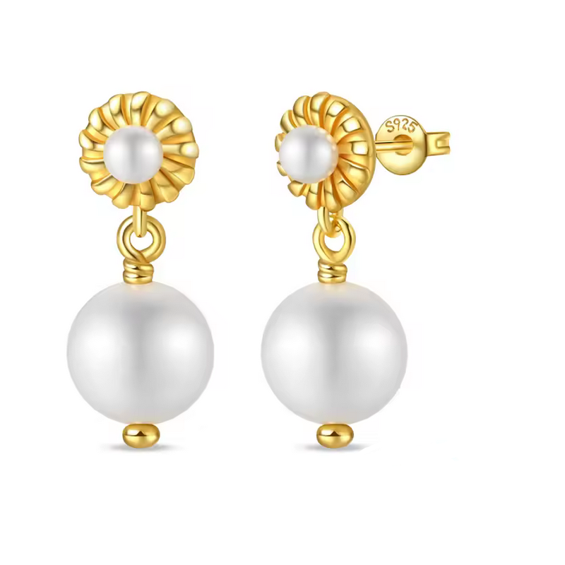 boucles d'oreilles or grosse perle et petite perle sur fleur boucles d'oreilles or grosse perle et petite perle sur fleur