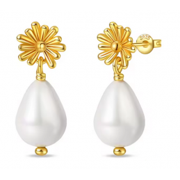 boucles d'oreilles fleur or perle blanche pendente