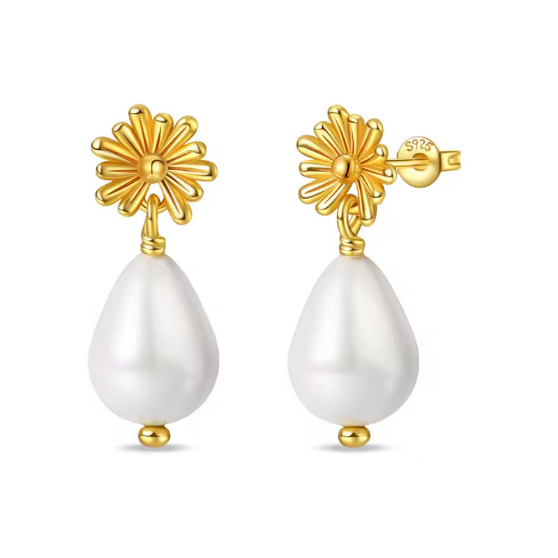 boucles d'oreilles fleur or perle blanche pendente boucles d'oreilles fleur or perle blanche pendente