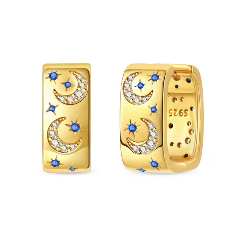 boucles d'oreilles or carré lune étoile bleu boucles d'oreilles or carré lune étoile bleu