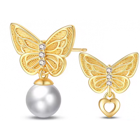 boucles d'oreilles papillon or perle blanche et coeur