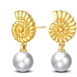 boucles d'oreilles coquillage nautilus or et perle blanche