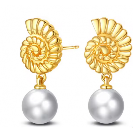 boucles d'oreilles coquillage nautilus or et perle blanche