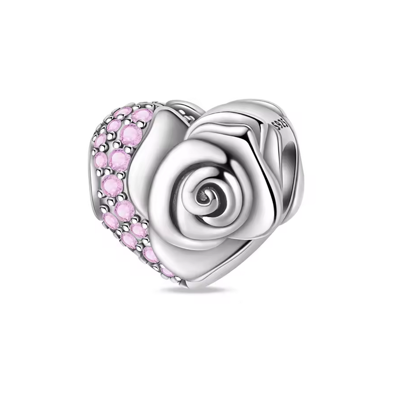 Charm pour bracelet coeur fleur et pierre rose
