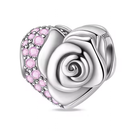 Charm pour bracelet coeur fleur et pierre rose