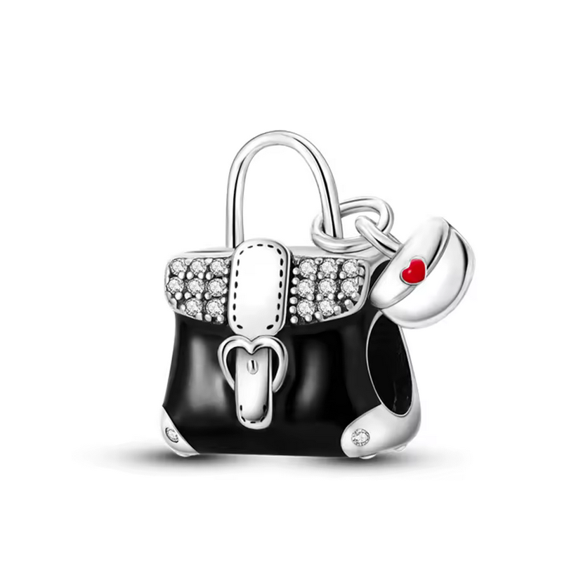 Charm pour bracelet sac a main noir strass argent