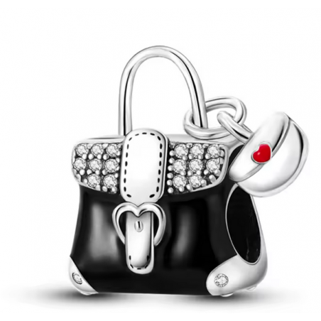 Charm pour bracelet sac a main noir strass argent